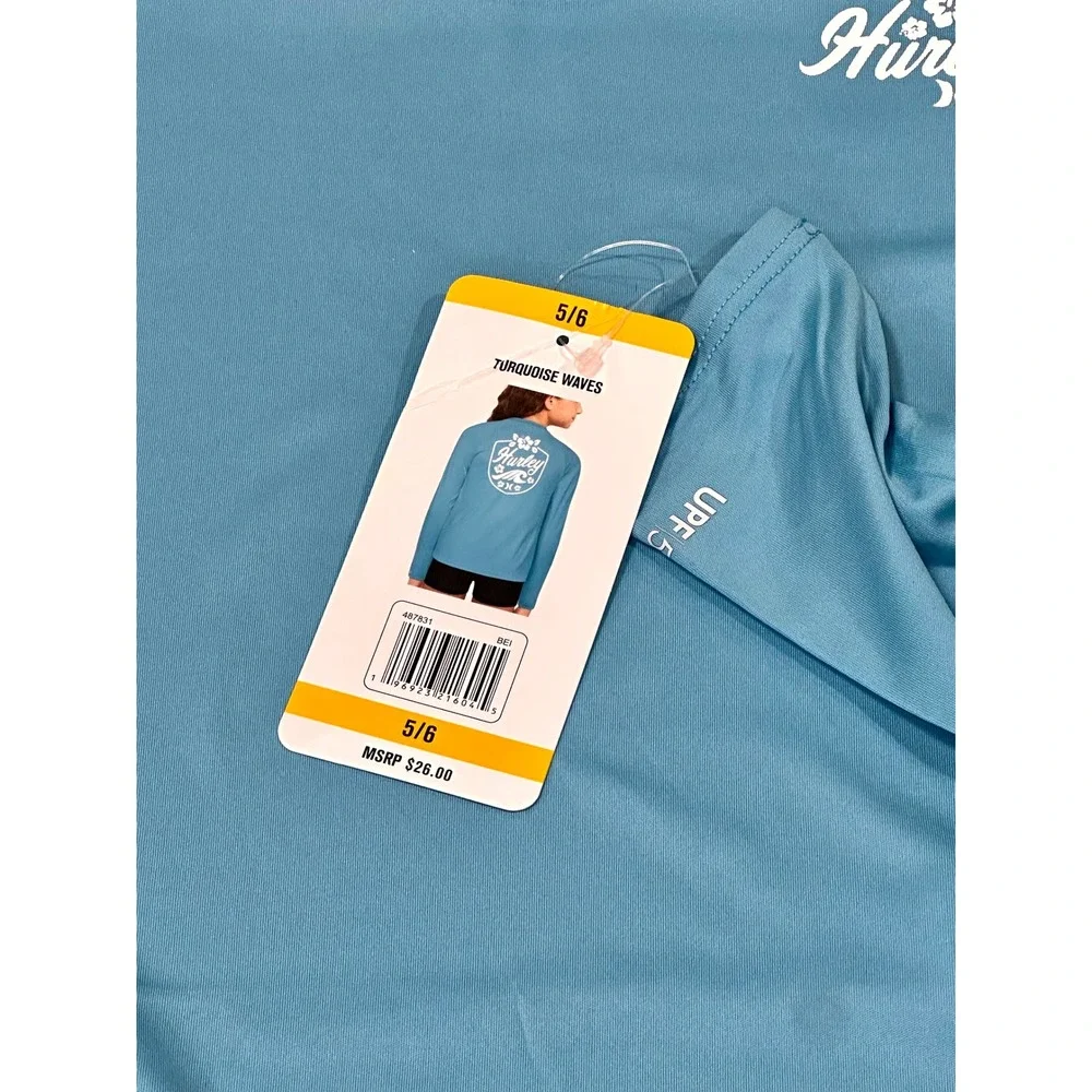 Hurley Swim Top Youth 5/6 Turquoise New UPF 50+ Long‎ Sleeve Rash Guard